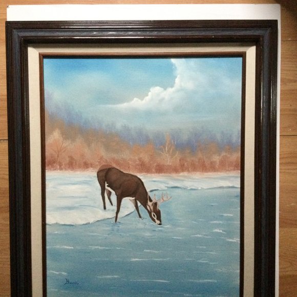Original art painting on canvas deer drinking water wood framed signed - Picture 2 of 6